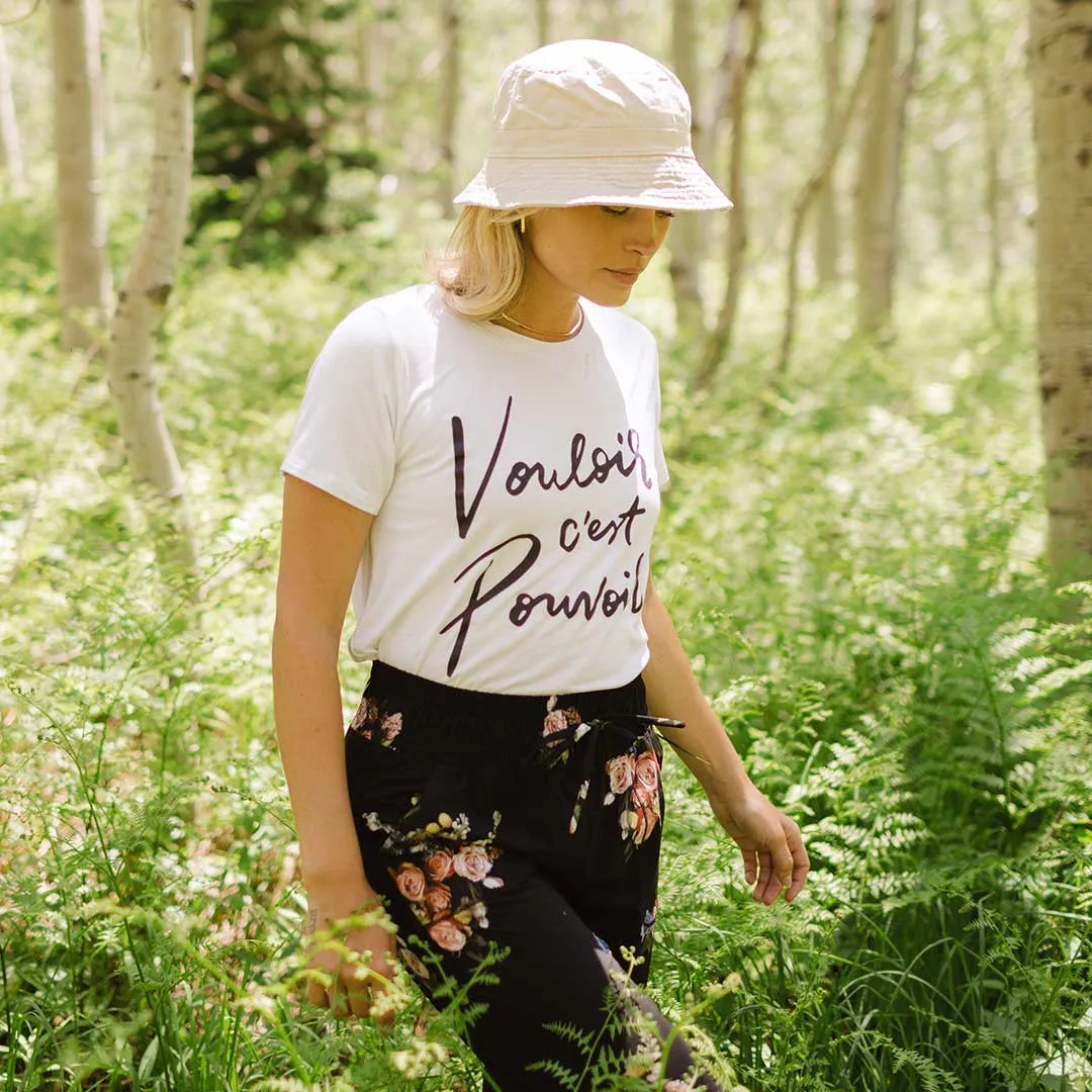 Basic Crew Neck Tee, White Bamboo Graphic