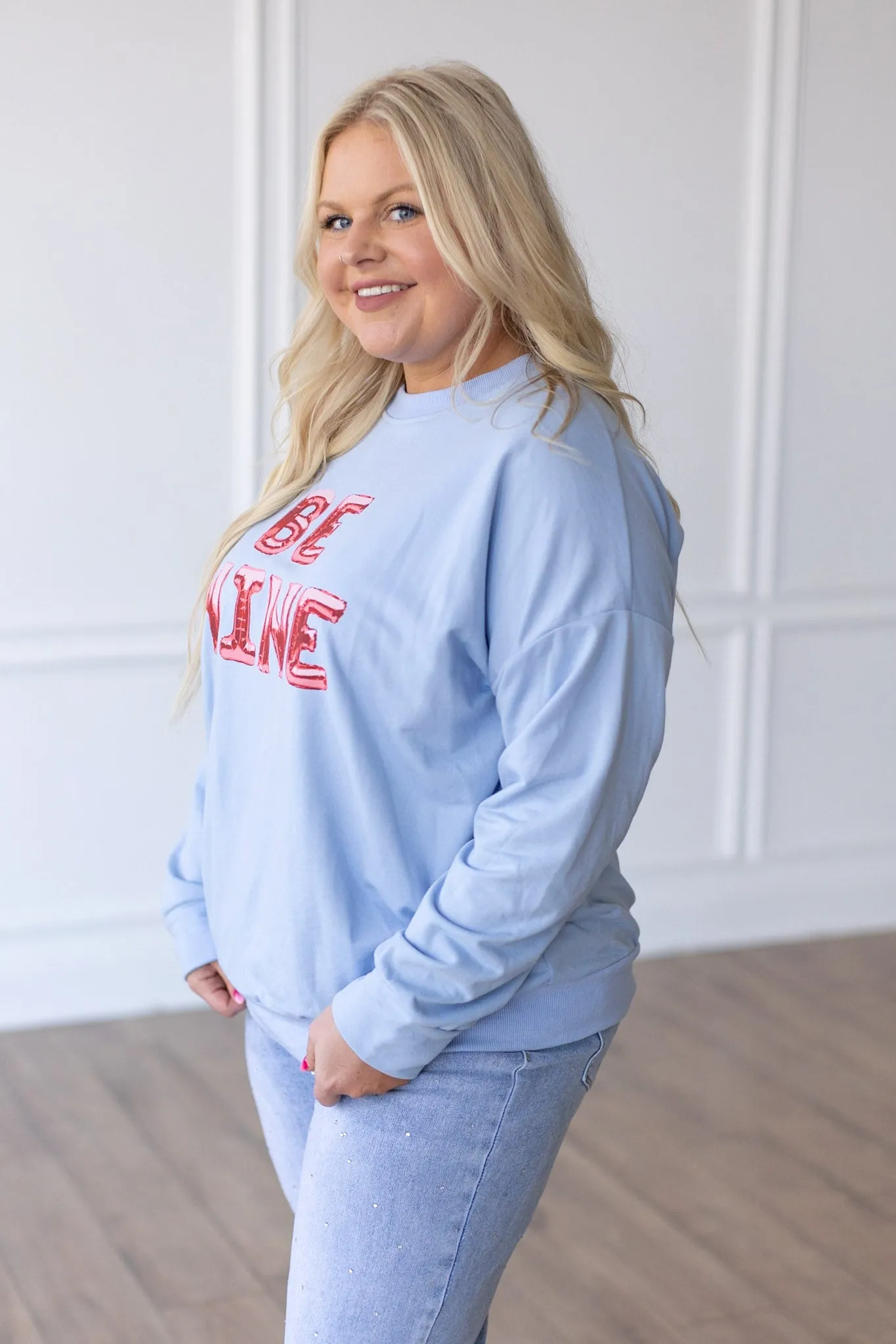 Be Mine Balloons on Light-Blue Crewneck Sweatshirt