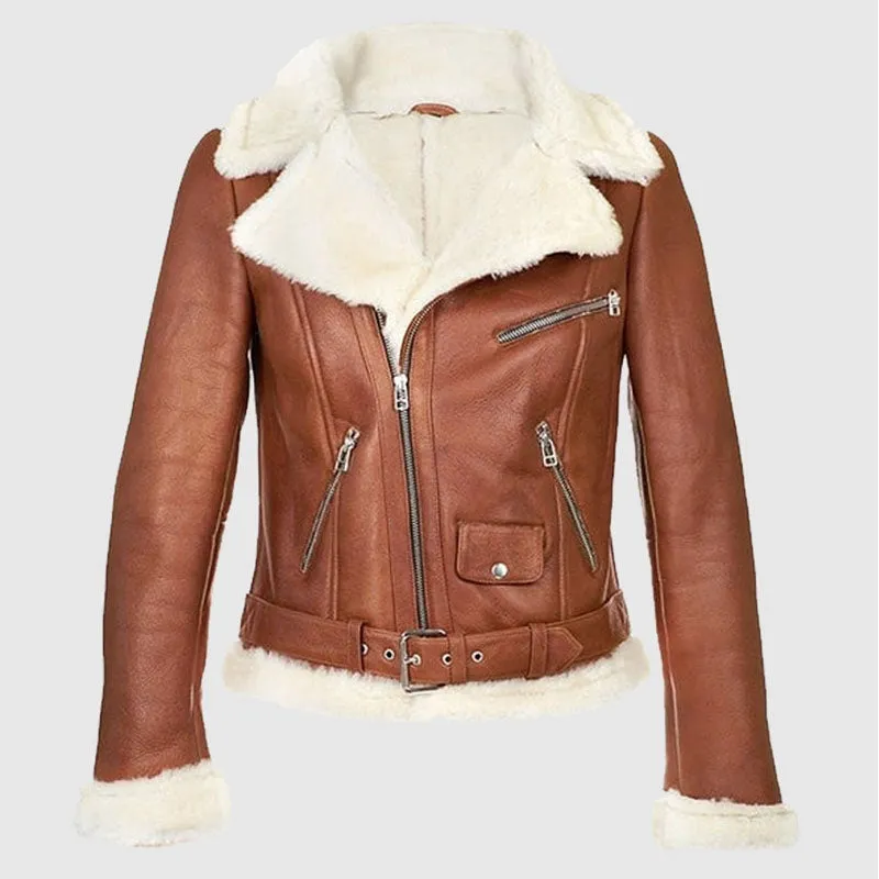 Best B3 Bomber Aviator Brown Leather Jacket, Shearling Sheepskin Motorcycle Women Leather Jacket With Faux Fur