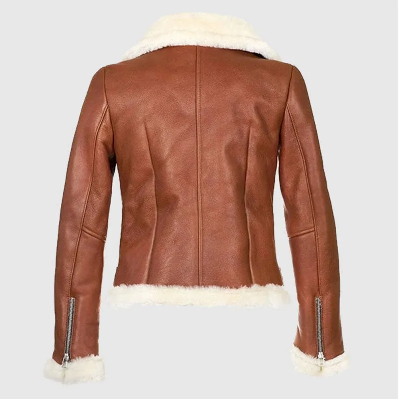 Best B3 Bomber Aviator Brown Leather Jacket, Shearling Sheepskin Motorcycle Women Leather Jacket With Faux Fur