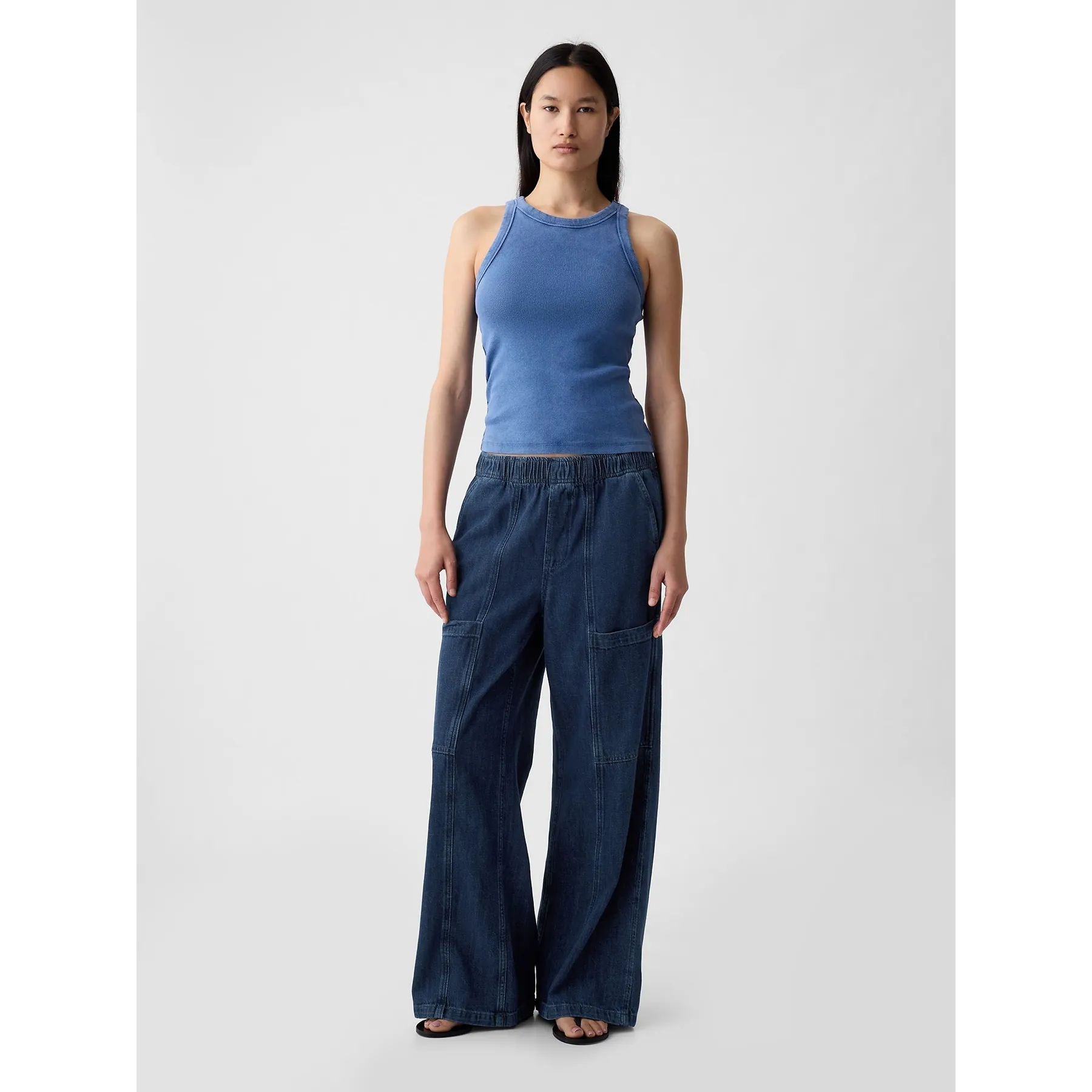 Blue High Waisted Wide Leg Utility Easy Jeans