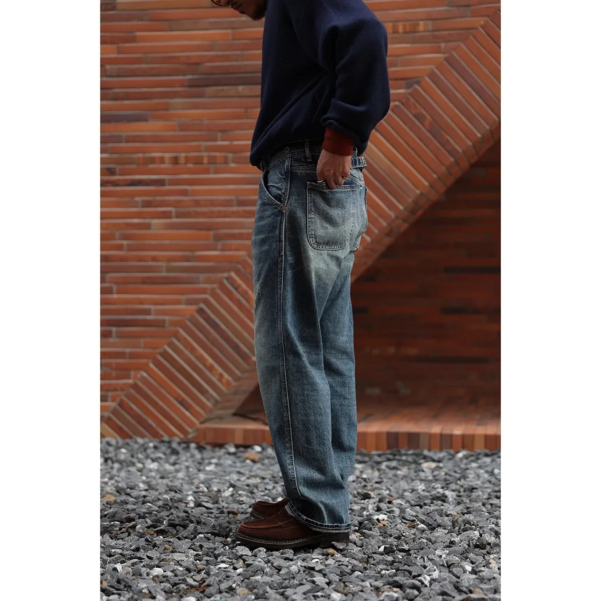 Blue Selvedge Denim Washed Jeans Relaxed Fit Vintage Trousers