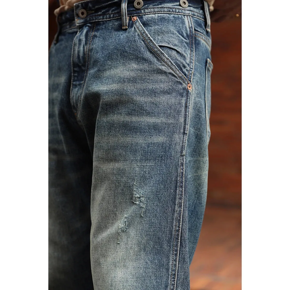 Blue Selvedge Denim Washed Jeans Relaxed Fit Vintage Trousers