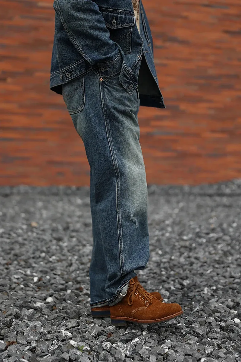 Blue Selvedge Denim Washed Jeans Relaxed Fit Vintage Trousers