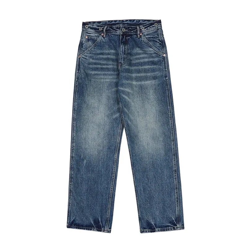 Blue Selvedge Denim Washed Jeans Relaxed Fit Vintage Trousers