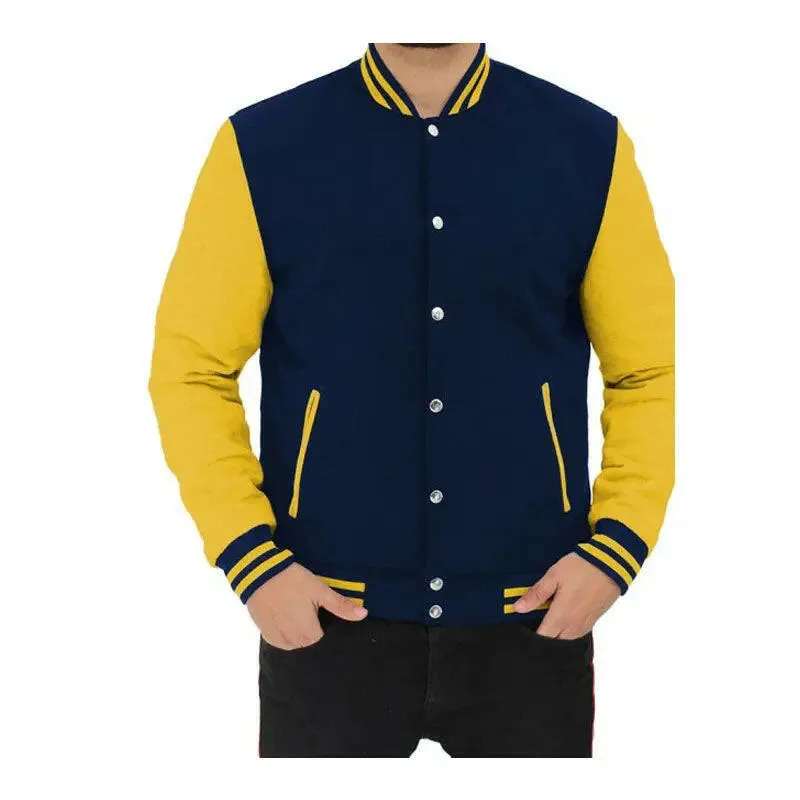 Buy Best Quality Navy Blue and Yellow Baseball Style Letterman High School Varsity Jacket For Sale