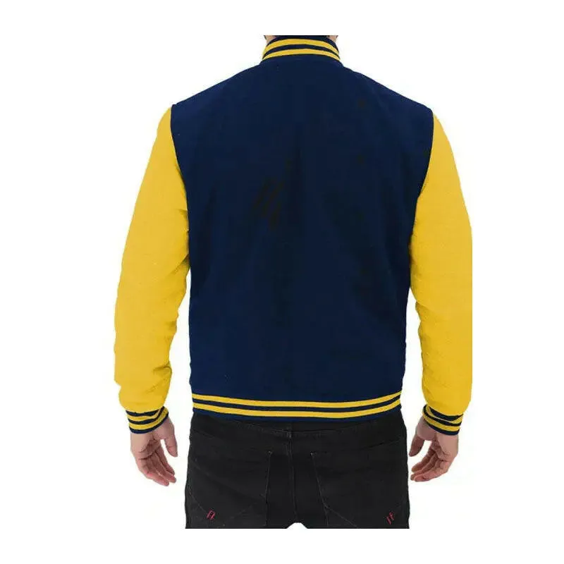 Buy Best Quality Navy Blue and Yellow Baseball Style Letterman High School Varsity Jacket For Sale