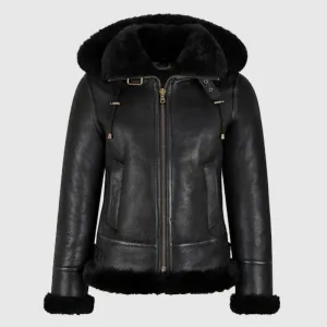 Buy Best Womens B3 Bomber Hooded Classic Black Shearling Leather Jacket