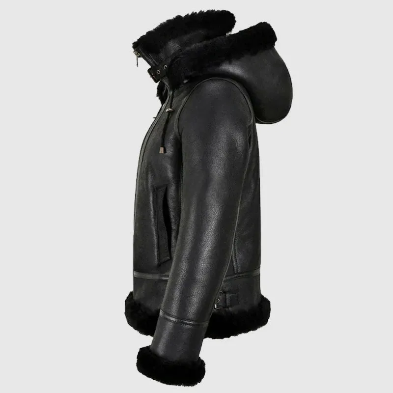 Buy Best Womens B3 Bomber Hooded Classic Black Shearling Leather Jacket