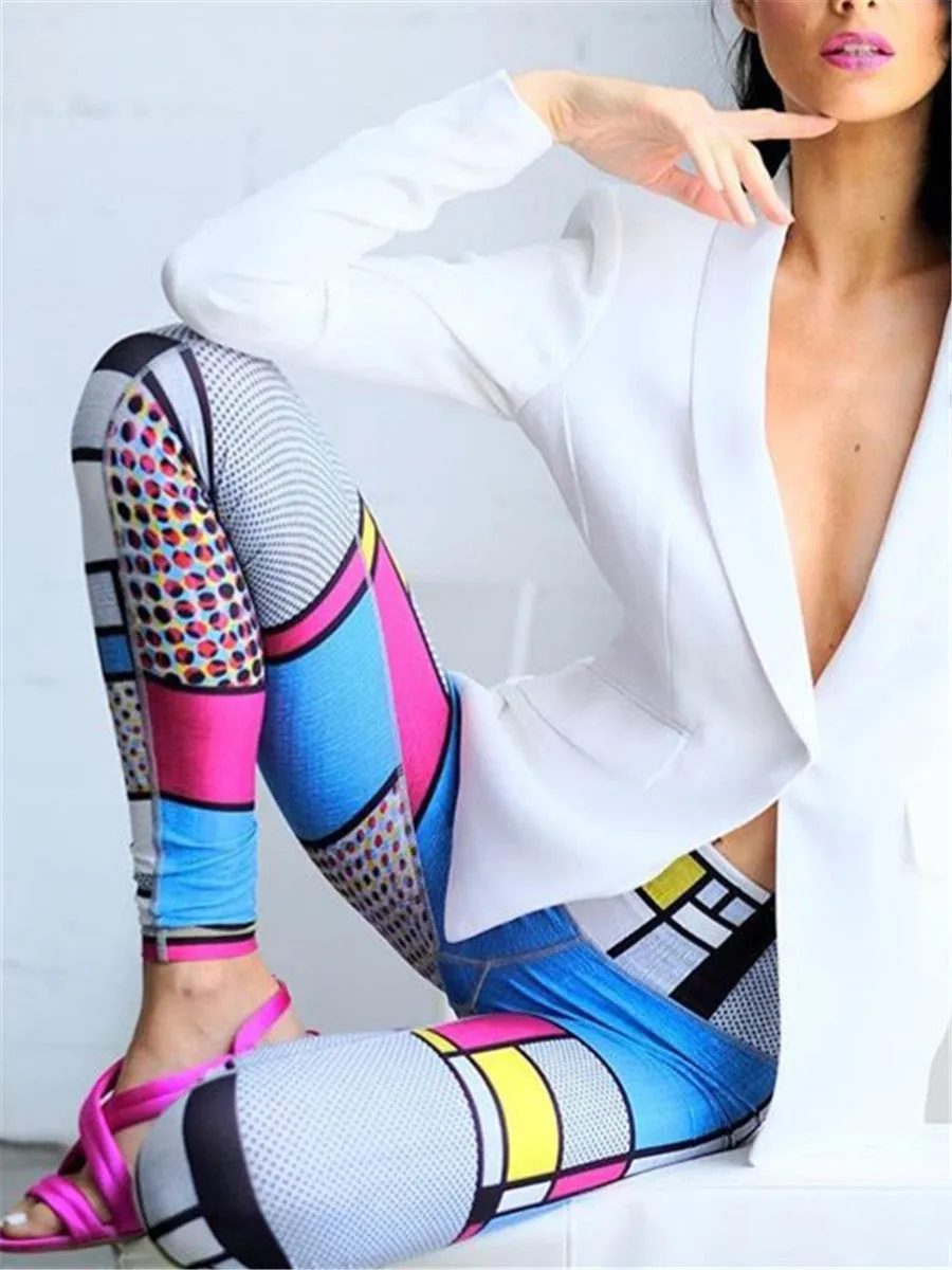 Color Check Print Slim Yoga Pants