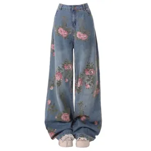 Cottagecore Rose Print Wide Jeans