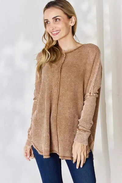 Cozy Cabin Oversized Washed Waffle Long Sleeve Top