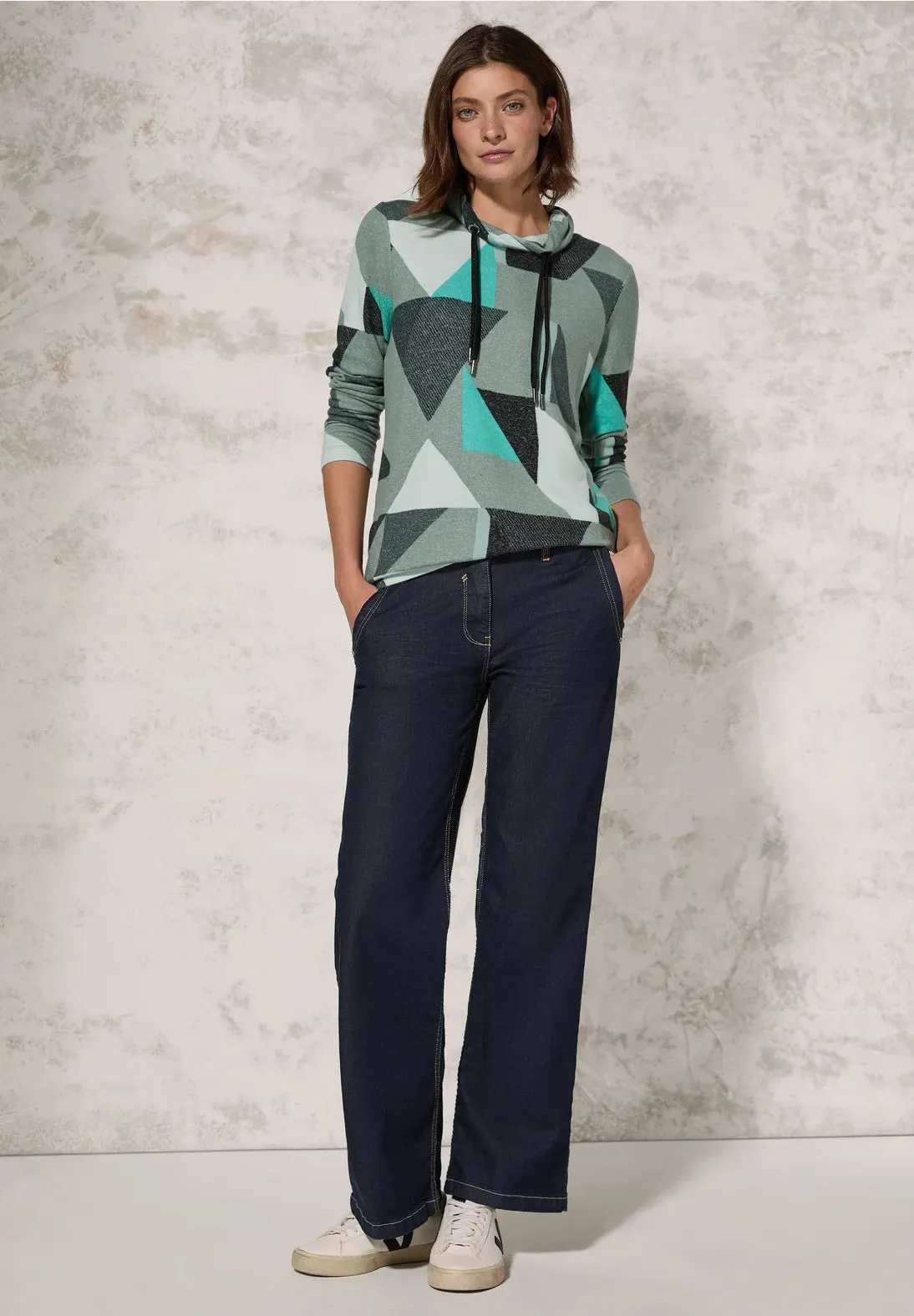 Cozy Geo Print Cowl neck top in Green or Black