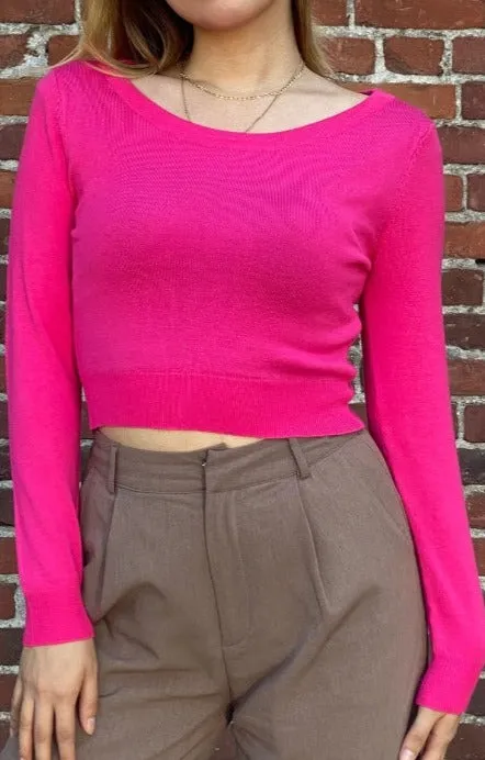 Cropped Long Sleeve Sweater in Hot Pink