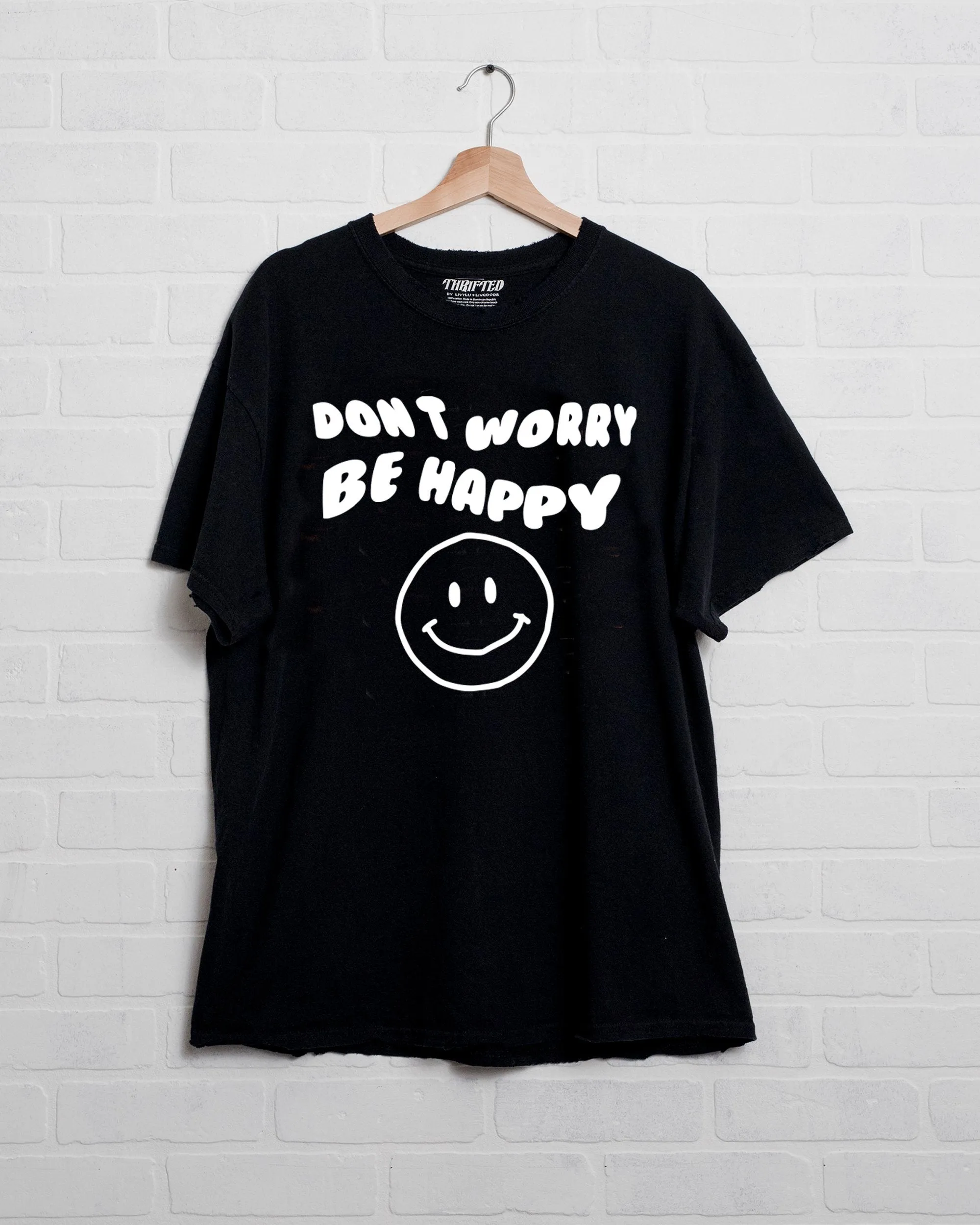 Don't Worry Be Happy Puff Ink Black Thrifted Tee