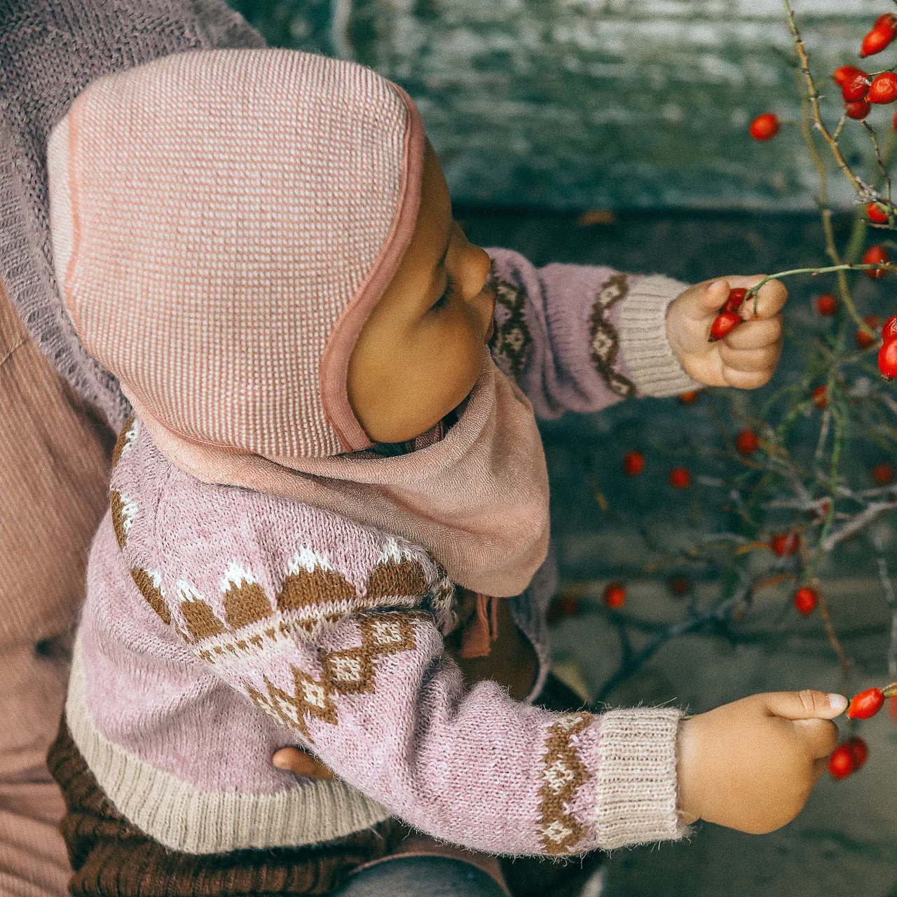 FairIsle Mountain Cardigan - 100% Baby Alpaca - Cedar/Blue (18m-8y)