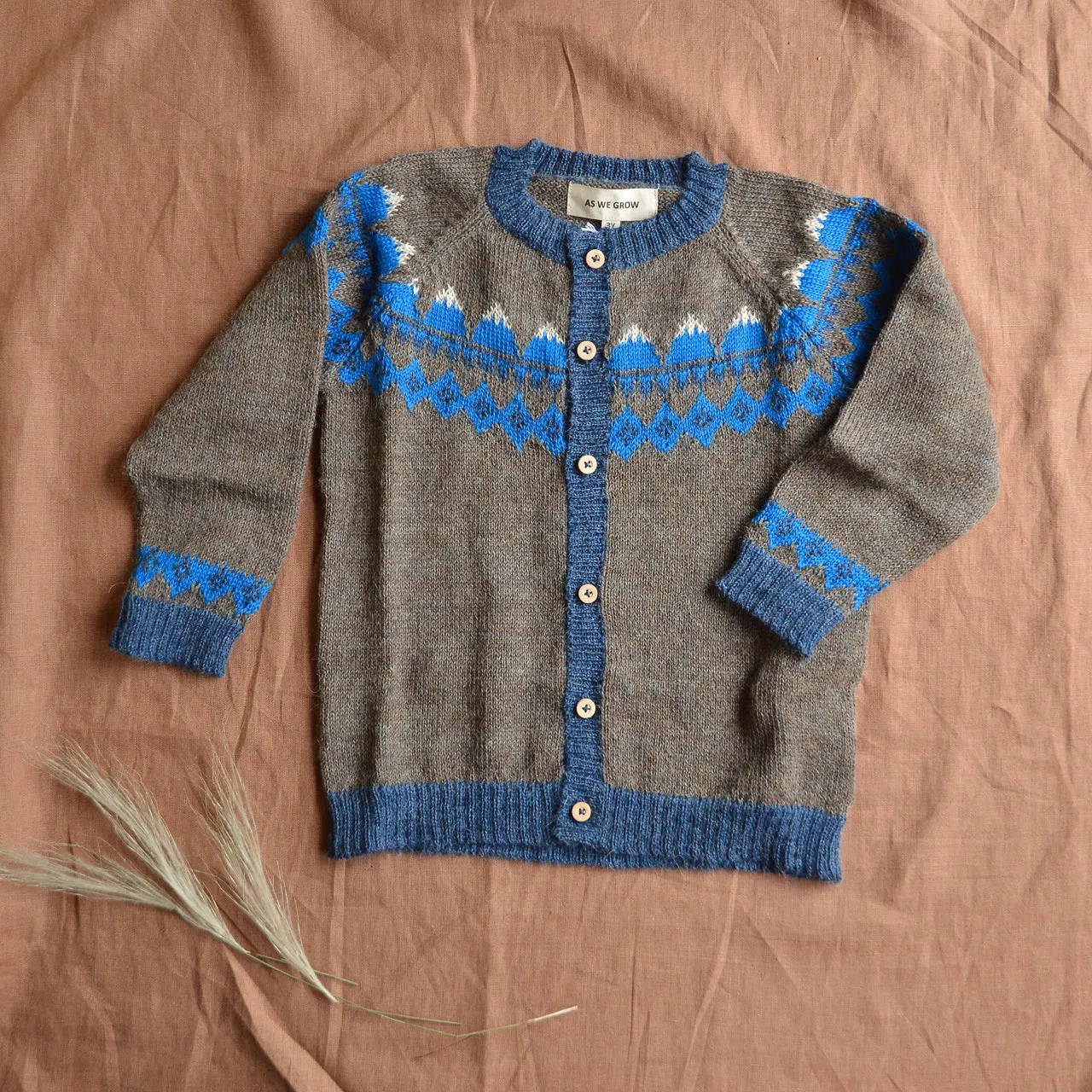 FairIsle Mountain Cardigan - 100% Baby Alpaca - Cedar/Blue (18m-8y)