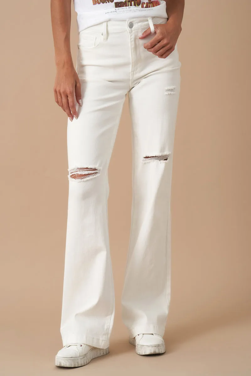 High Rise Marine Straight Distressed White Denim