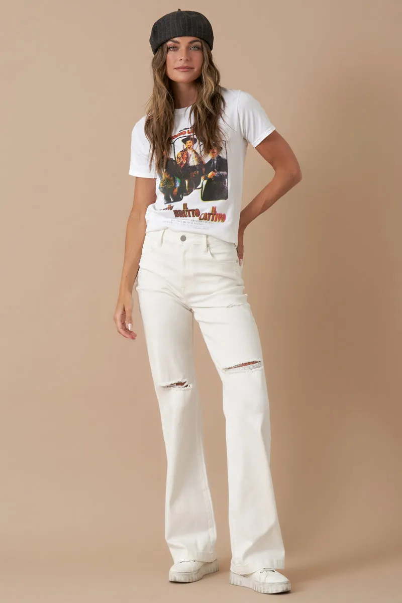 High Rise Marine Straight Distressed White Denim