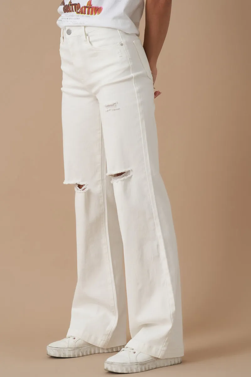 High Rise Marine Straight Distressed White Denim