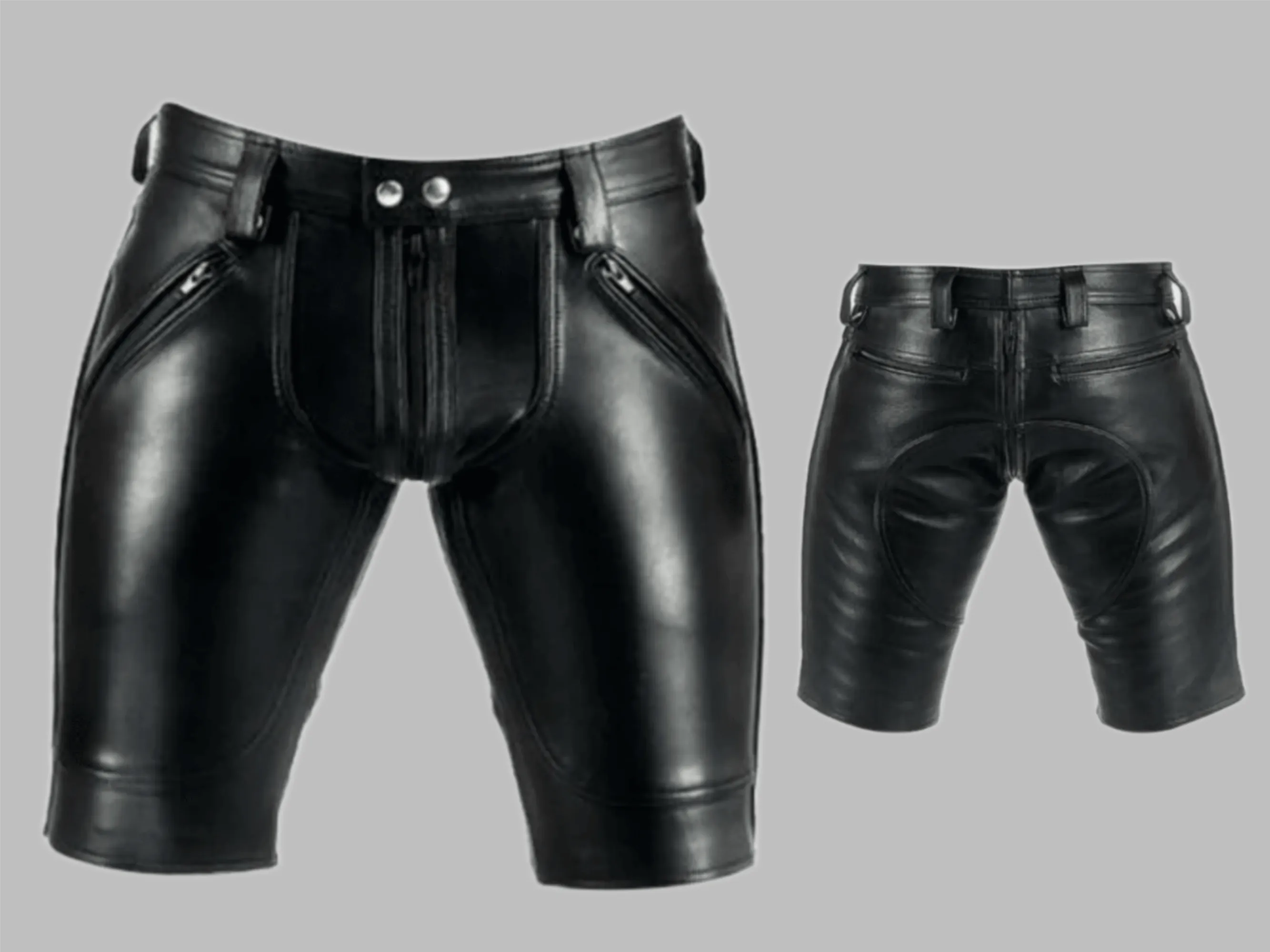 Mens Black Leather Shorts with Double Zipper