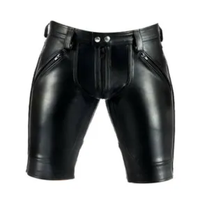 Mens Black Leather Shorts with Double Zipper