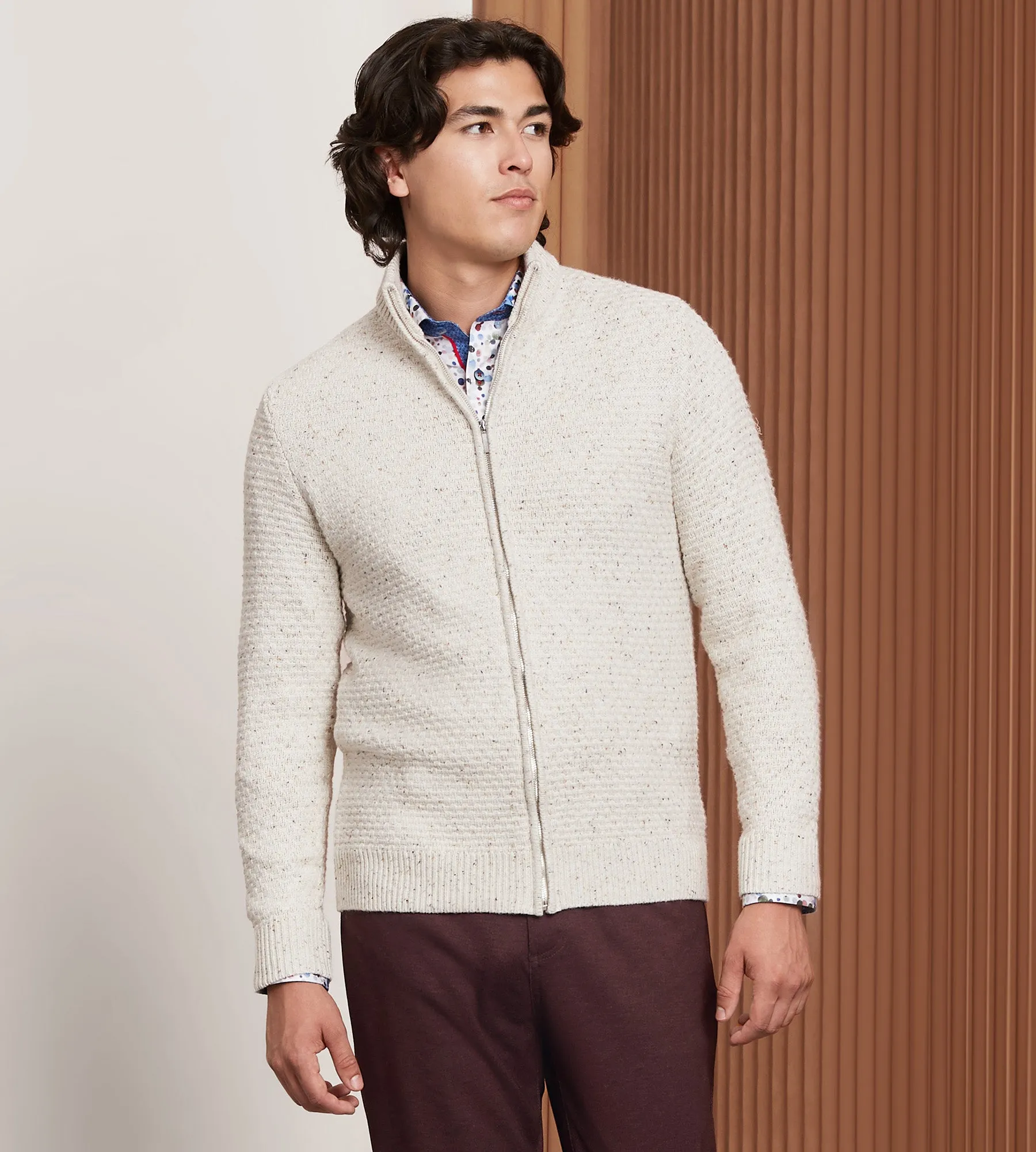 Modern Fit Long Sleeve Full Zip Textured Donegal Sweater