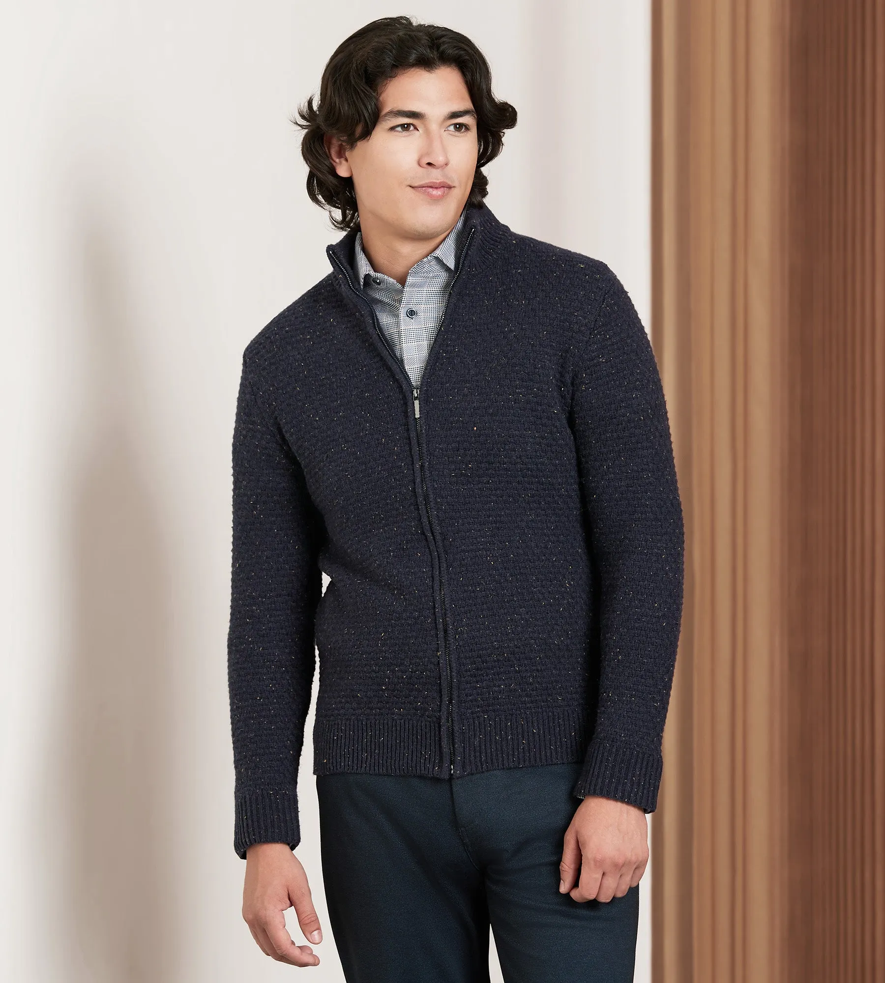 Modern Fit Long Sleeve Full Zip Textured Donegal Sweater