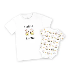 Mommy & Me Set Organic Cotton T-Shirt   Onesie - Lucky Cat Maneki Neko