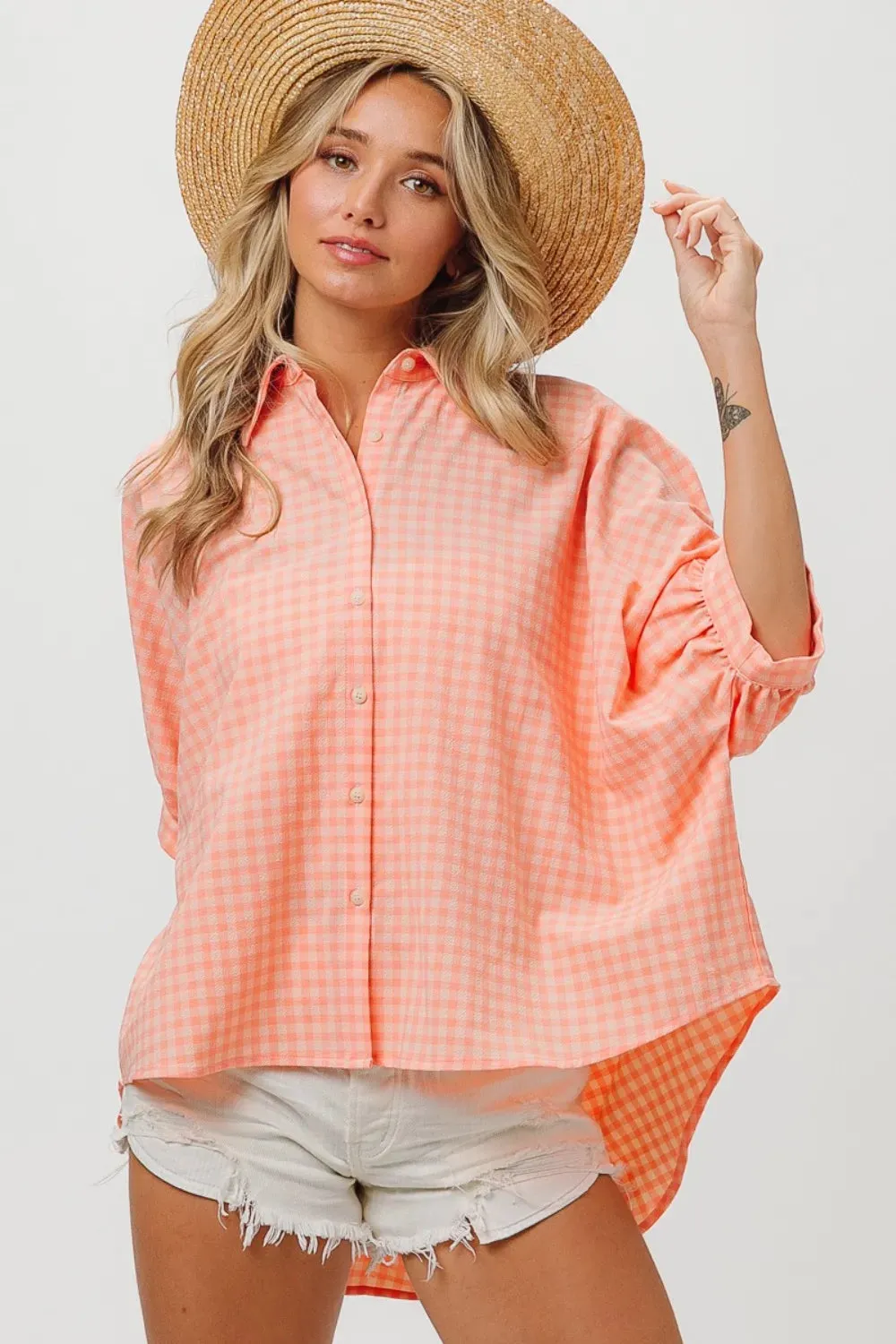 Plaid Button Up Dolman Sleeve Shirt