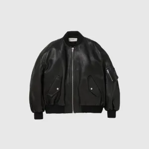 Premium Quality Studded Logo-Print Leather Bomber Jacket