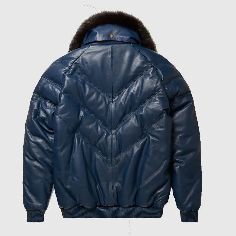 Shop Navy Leather V-Bomber Bubble Leather Jacket For Sale