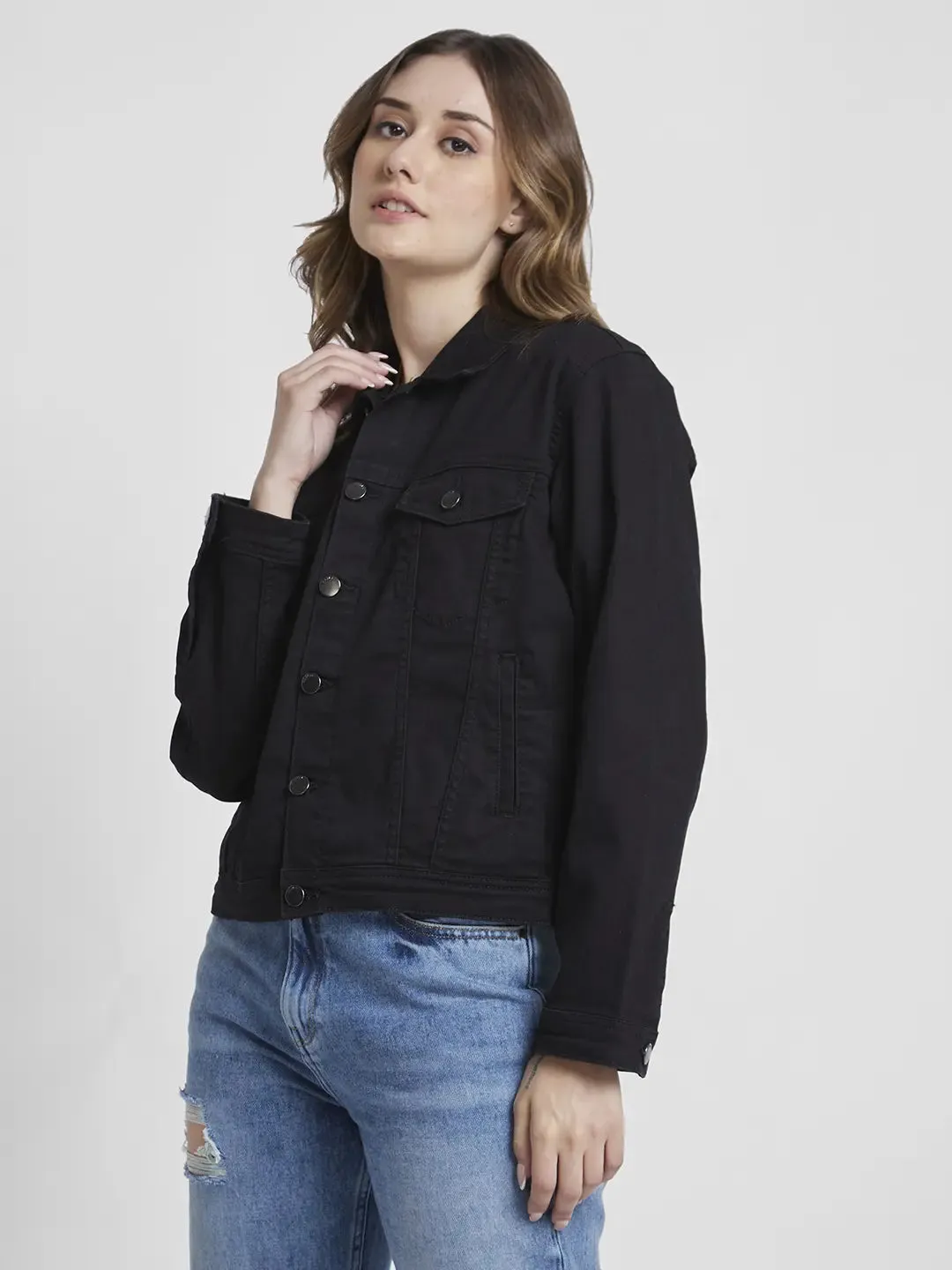 Spykar Women Black Regular Fit Classic Collar Denim Jacket