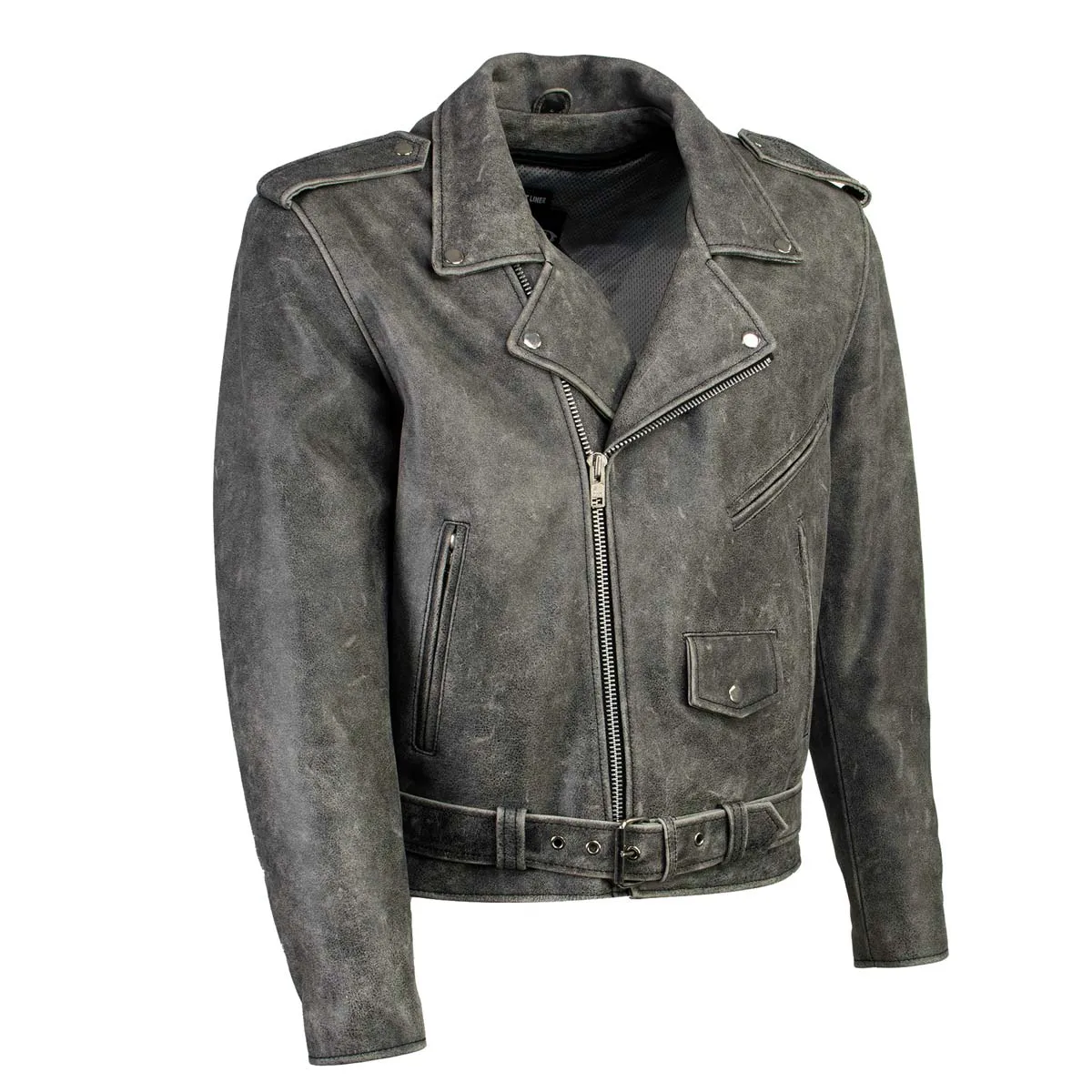 Xelement B7149 Men's 'Sliver' Distressed Gray Classic Motorcycle Leather Jacket