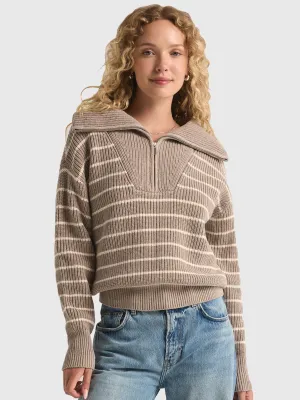 Z-Supply Villa Half Zip Stripe Sweater - HEATHER TAUPE